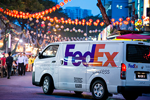 FedEx truck surrouned by lights